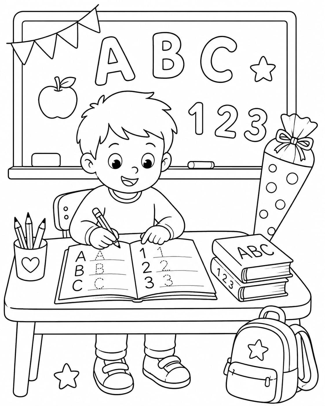 Einschulung Motiv 7 als kostenloses Ausmalbild für Kinder